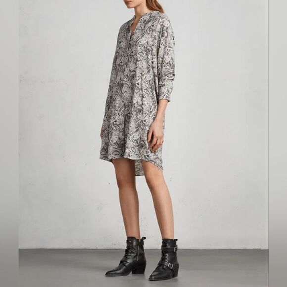 AllSaints Black and White Lace Effect Paisley Button-Up  Shift Dress Size M - Picture 1 of 15